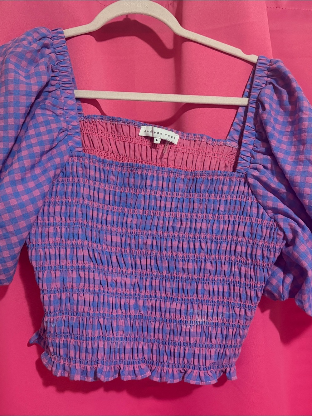Endless Rose Pink & Purple Gingham Smocked Puff Sleeve Crop Top